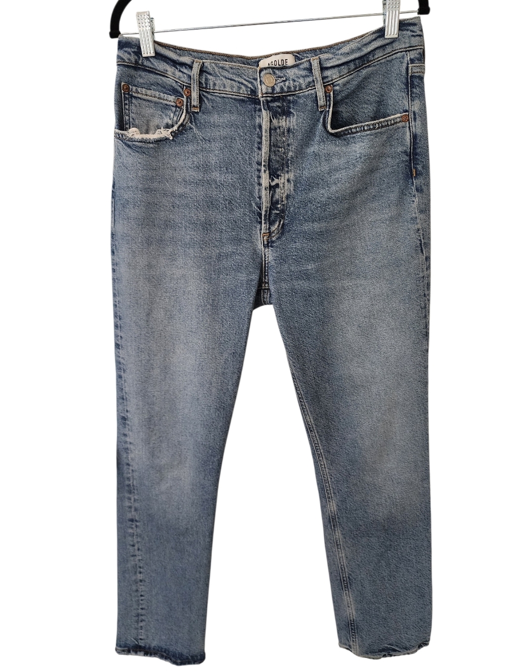 AGOLDE Riley Long Jeans Size 29 High Rise Straight Leg Raw Hem Distressed